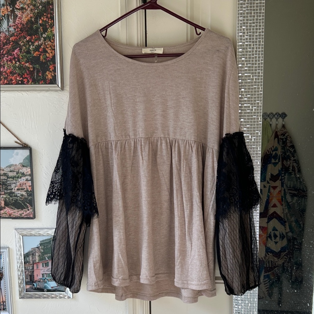 Entro Taupe Blouse with Black Lace Sleeves